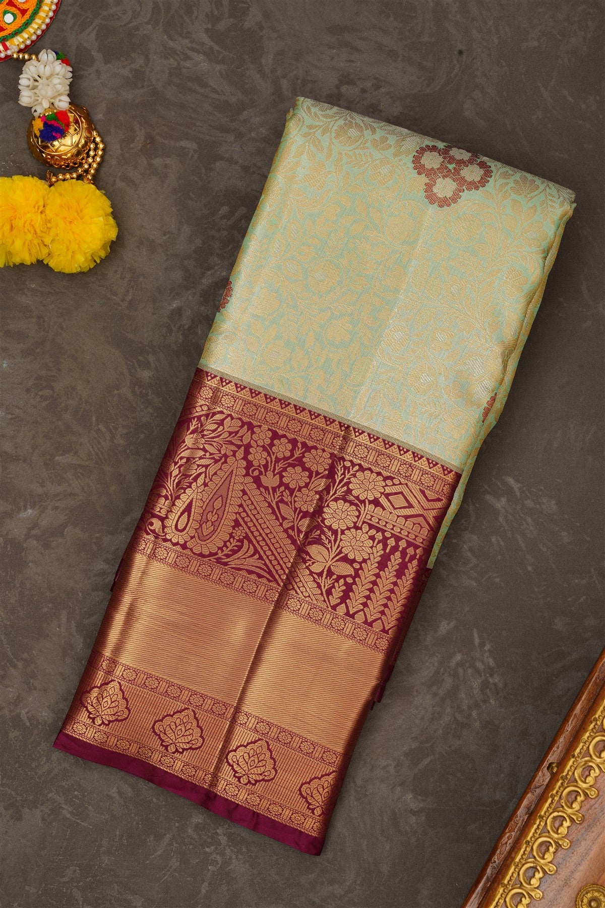 Semi Kanchipuram Silk Blend Sea Green Saree