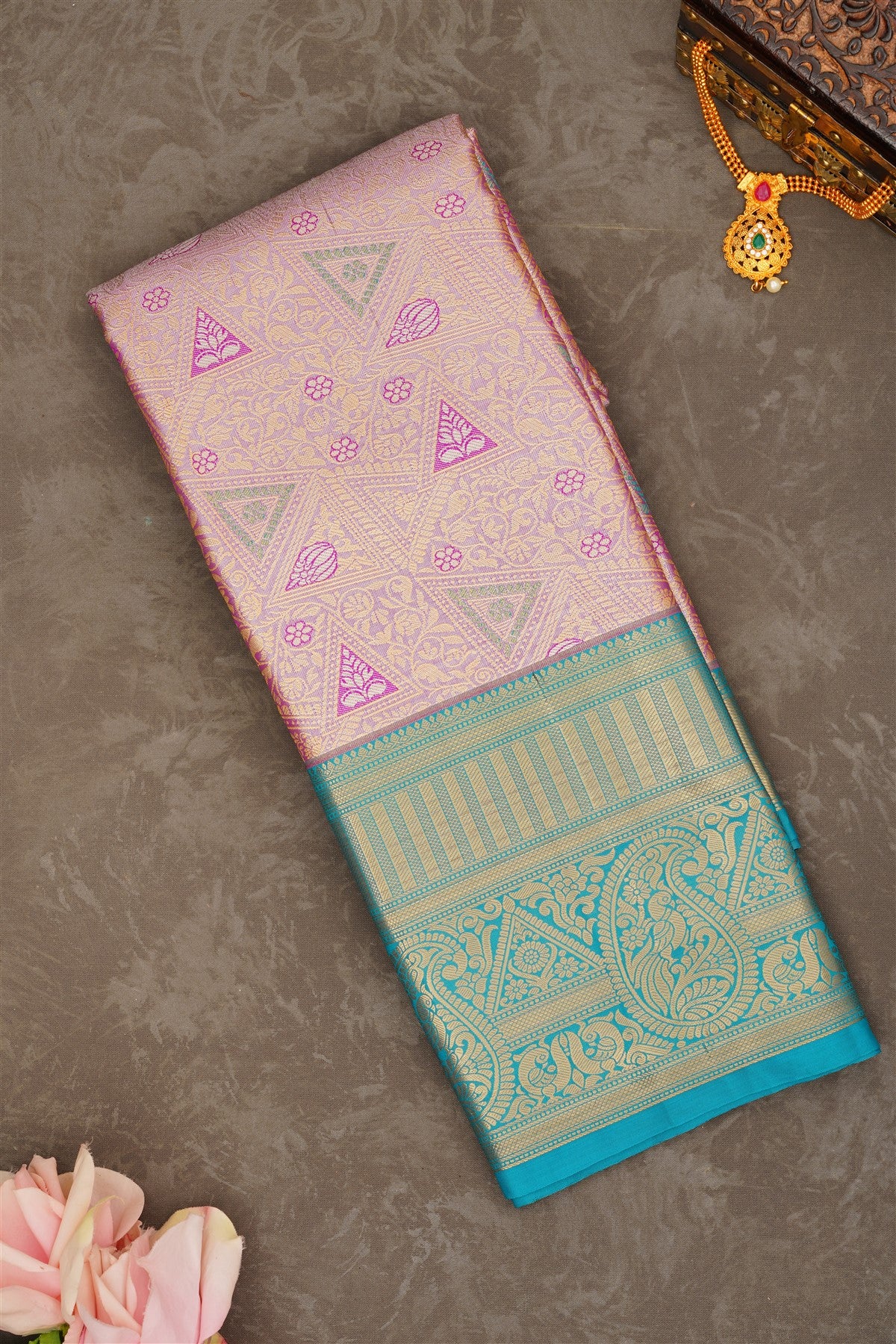 Semi Kanchipuram Silk Blend Light Purple Saree