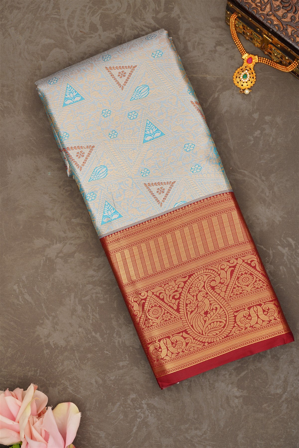 Semi Kanchipuram Silk Blend Sea Blue Saree