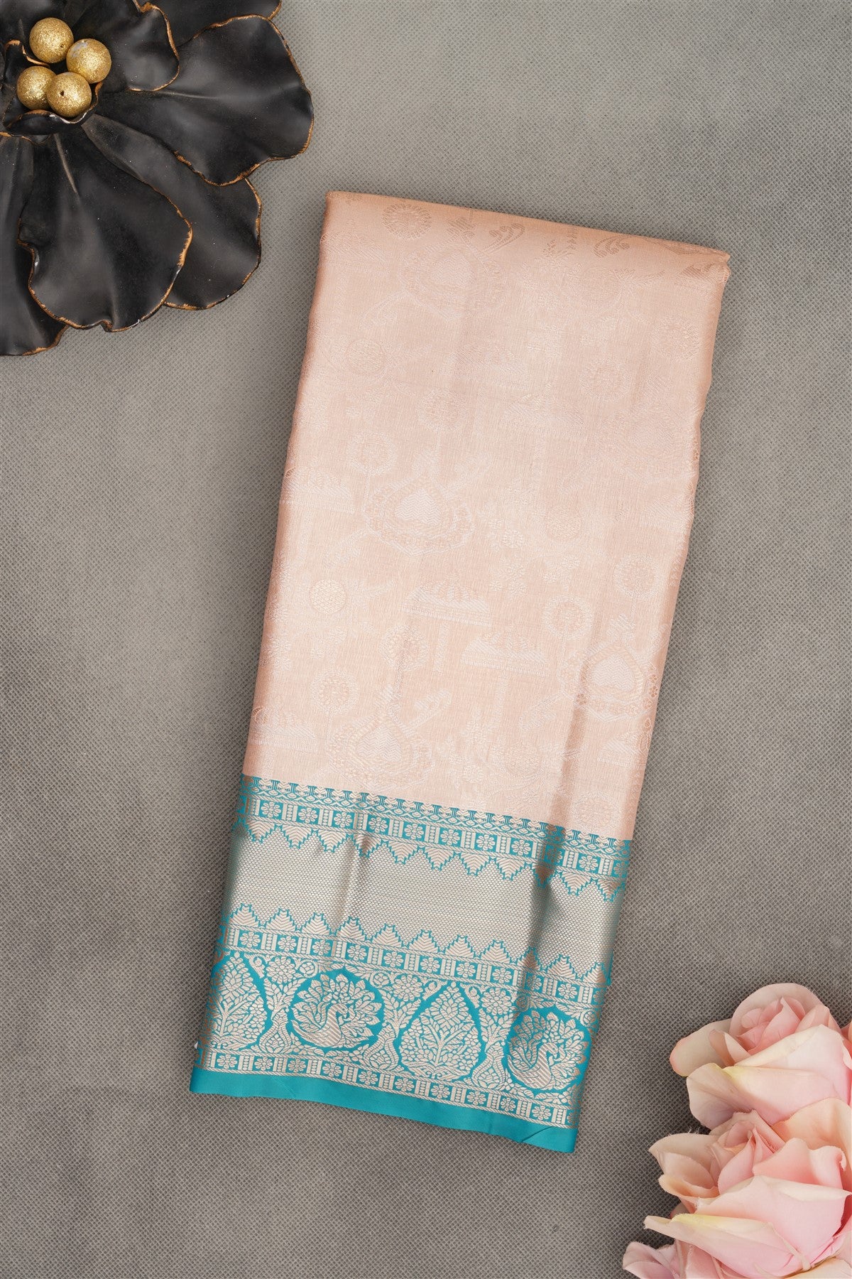 Semi Kanchipuram Silk Blend Cream Saree