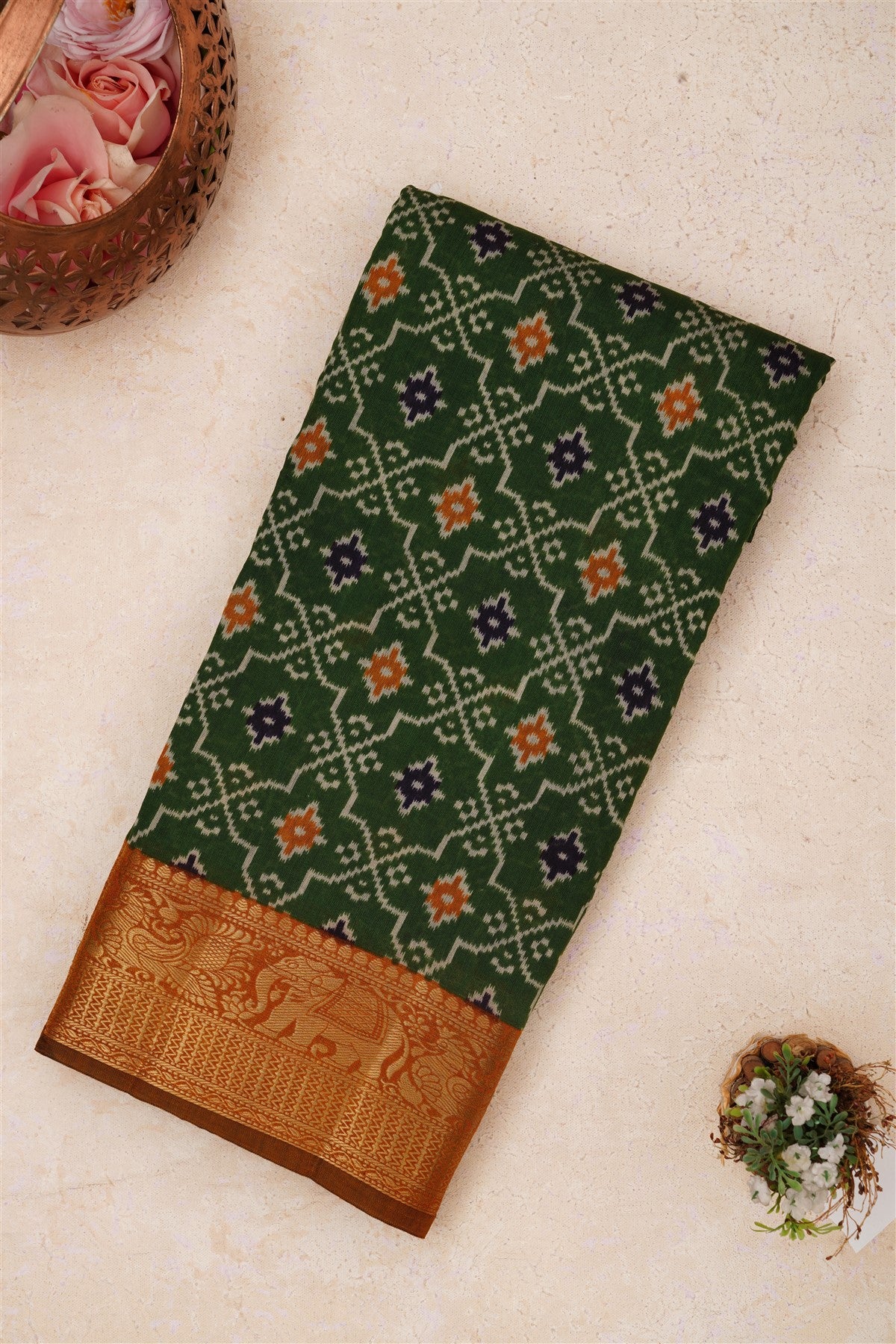 Bhagalpur Tussar Silk Dark Green Saree