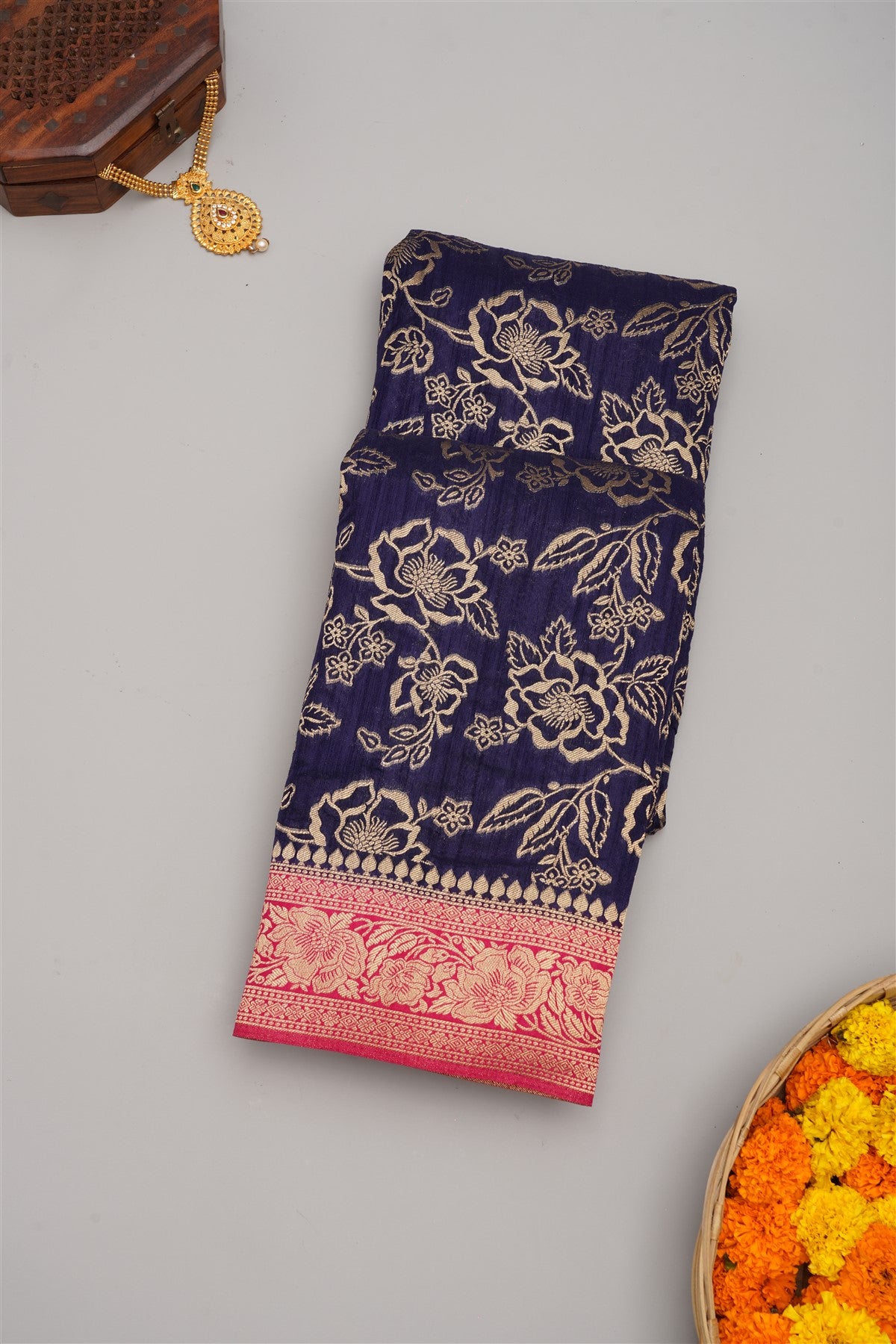 Banarasi Semi Kaddi Georgette Navy Blue Saree