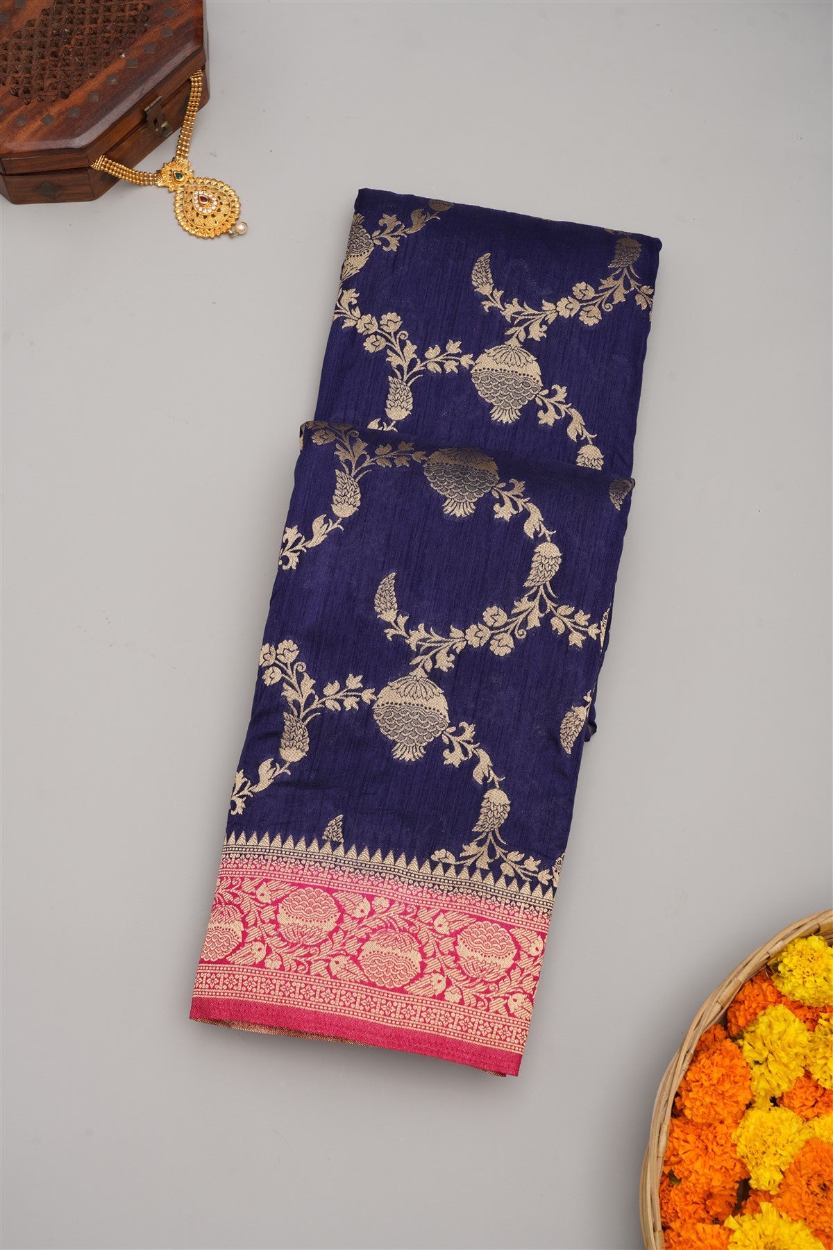 Banarasi Semi Kaddi Georgette Navy Blue Saree
