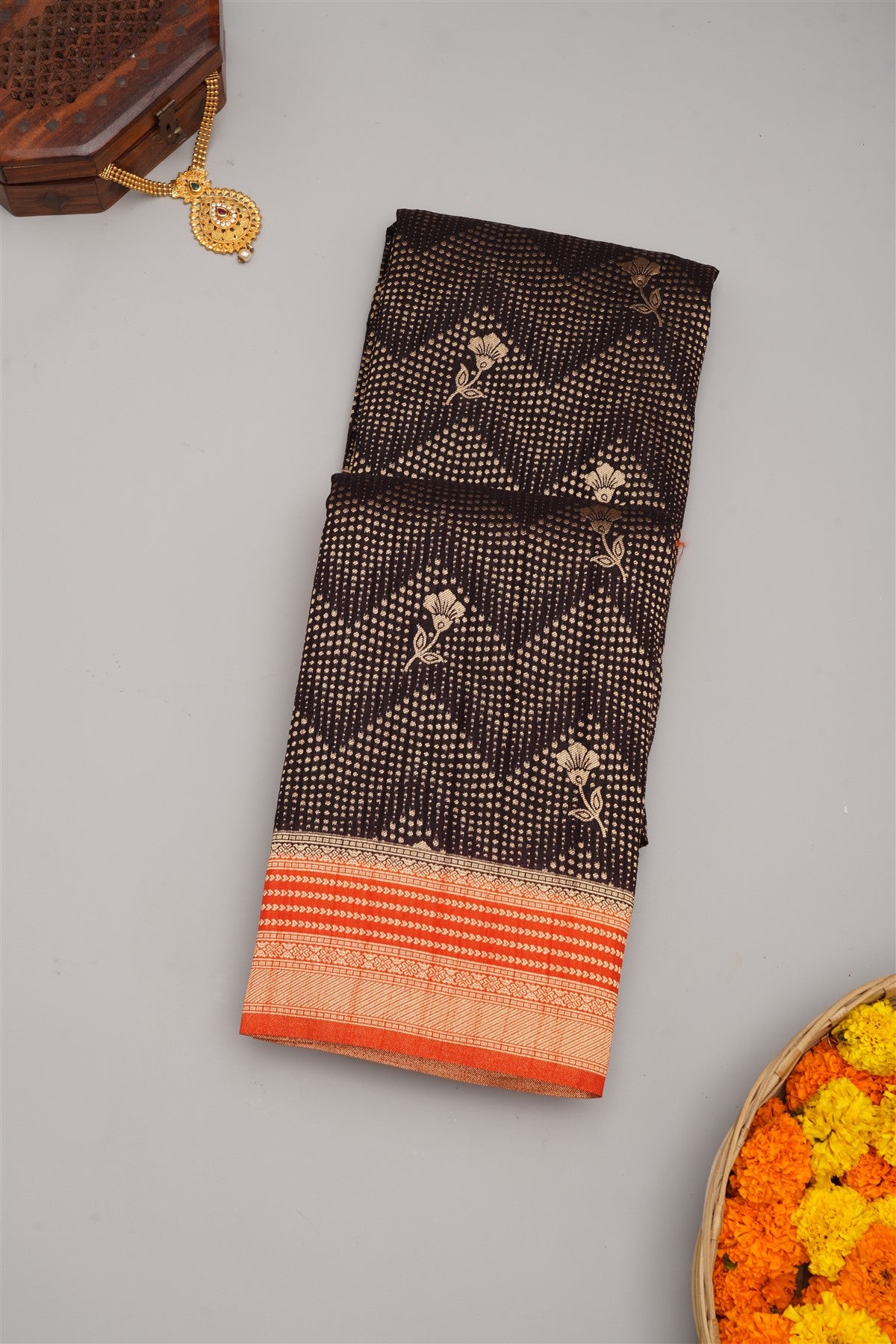 Banarasi Semi Kaddi Georgette Dark Brown Saree