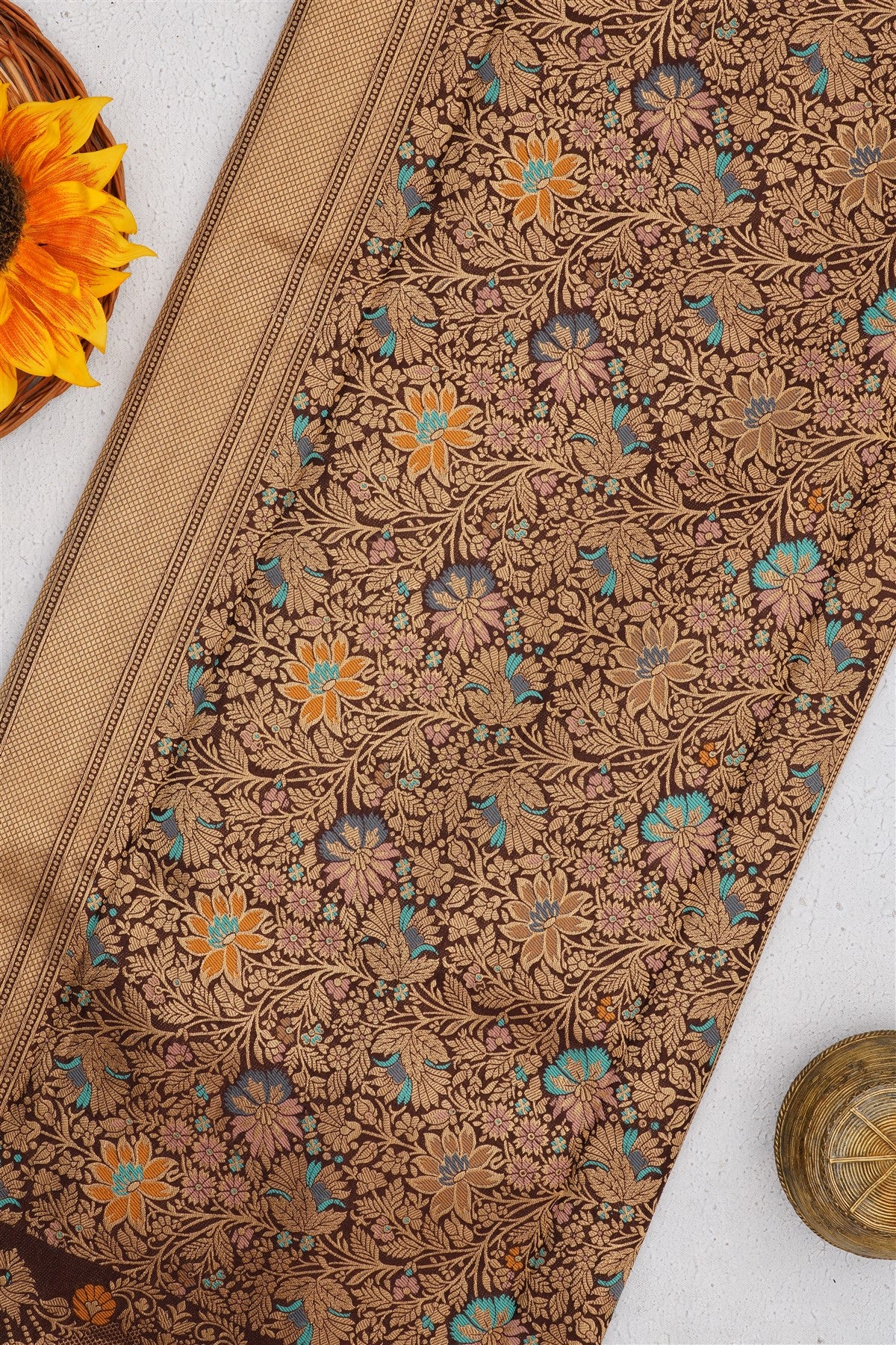 Banarasi Russian Silk Dark Brown Saree