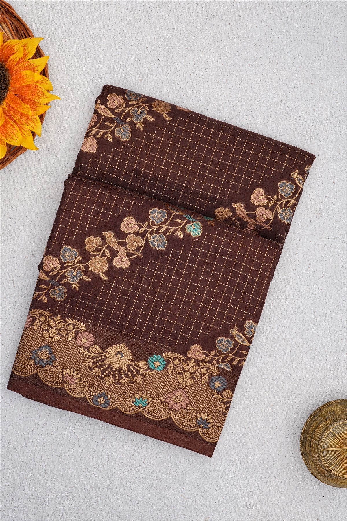 Banarasi Russian Silk Dark Brown Saree