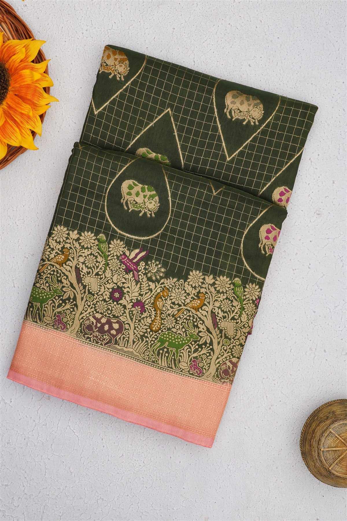 Banarasi Russian Silk Dark Green Saree