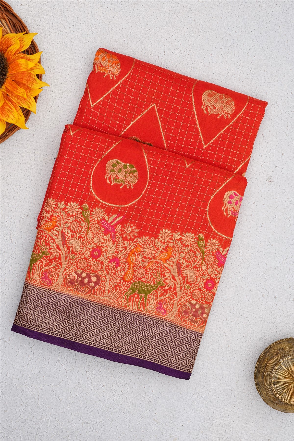 Banarasi Russian Silk Dark Orange Saree