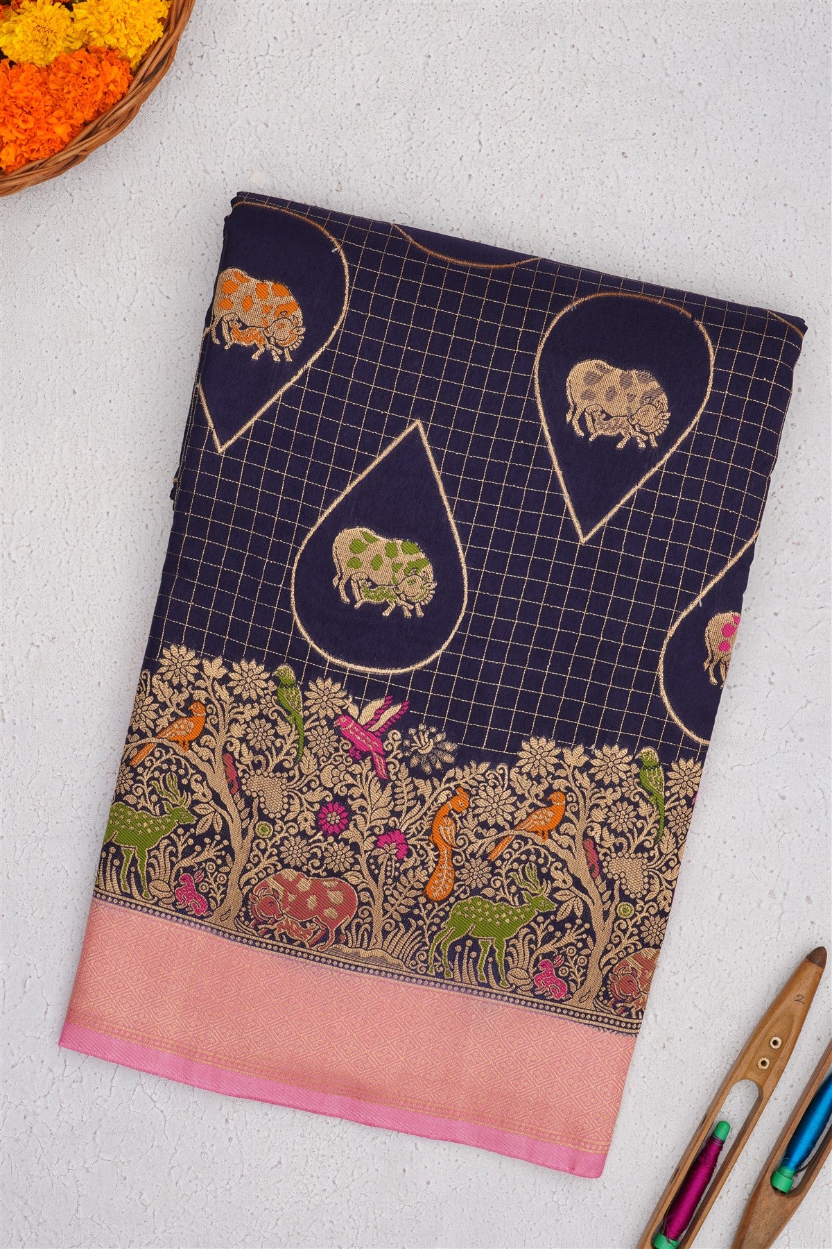 Banarasi Russian Silk Navy Blue Saree