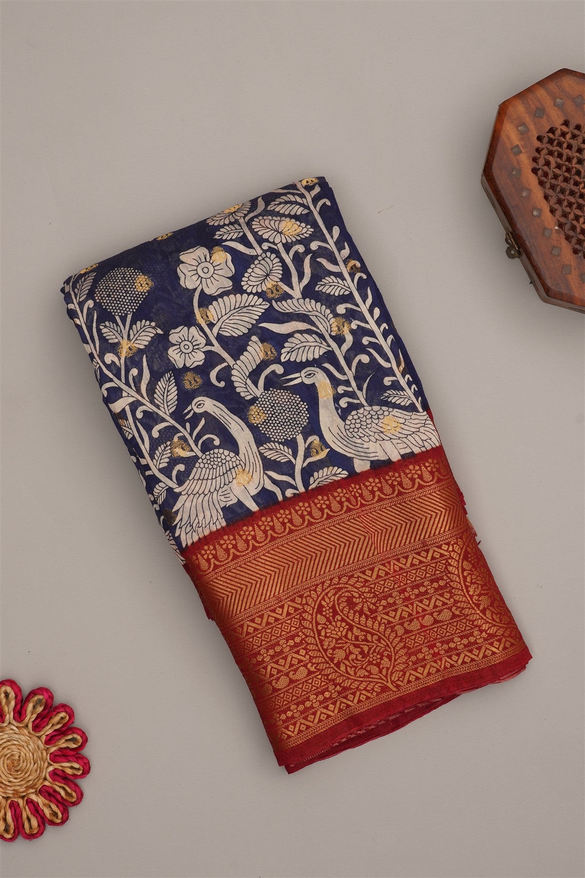 Fancy Modal Silk Kalamkari Print Navy Blue Saree