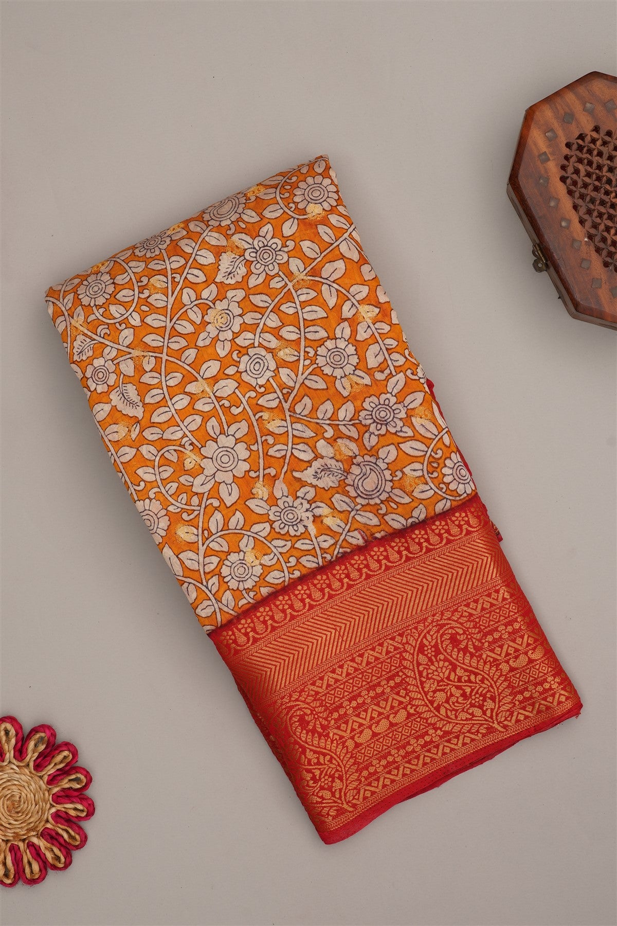 Fancy Modal Silk Kalamkari Print Mustard Saree
