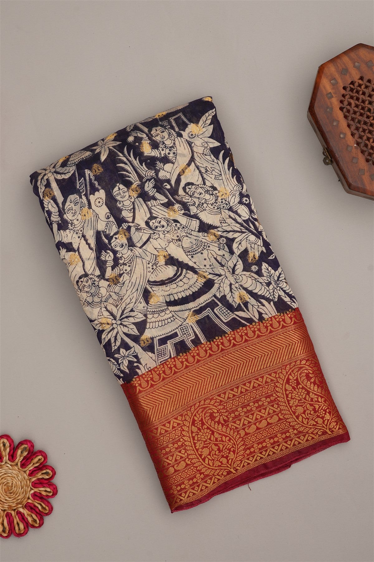 Fancy Modal Silk Kalamkari Print Navy Blue Saree