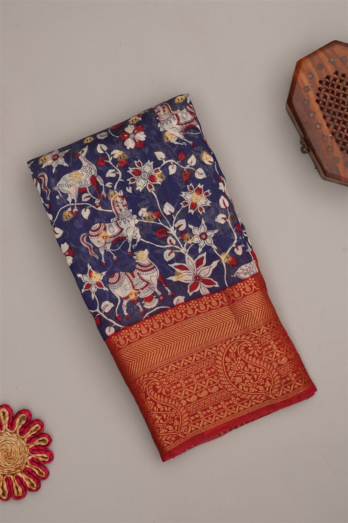 Fancy Modal Silk Kalamkari Print Navy Blue Saree