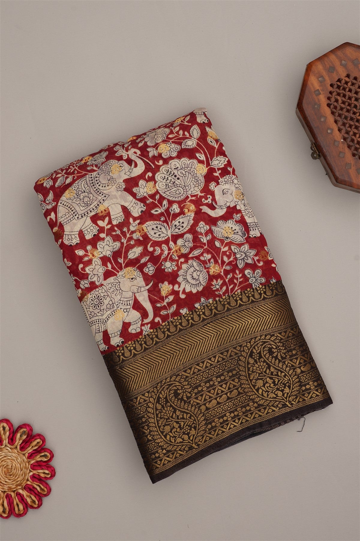 Fancy Modal Silk Kalamkari Print  Maroon Saree