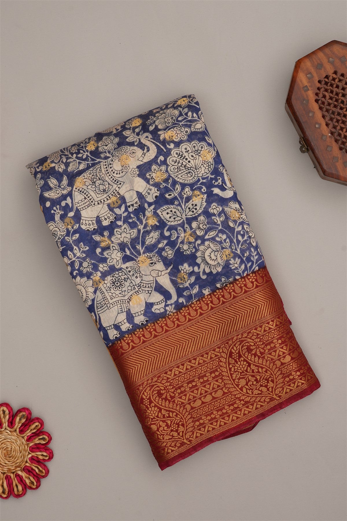 Fancy Modal Silk Kalamkari Print Navy Blue Saree