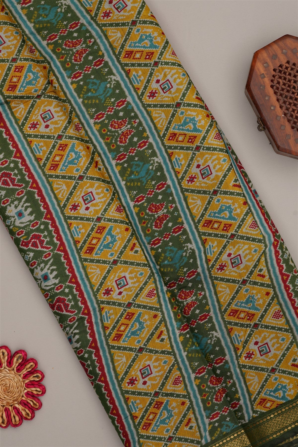 Ikat Silk Blend Lime Green Saree