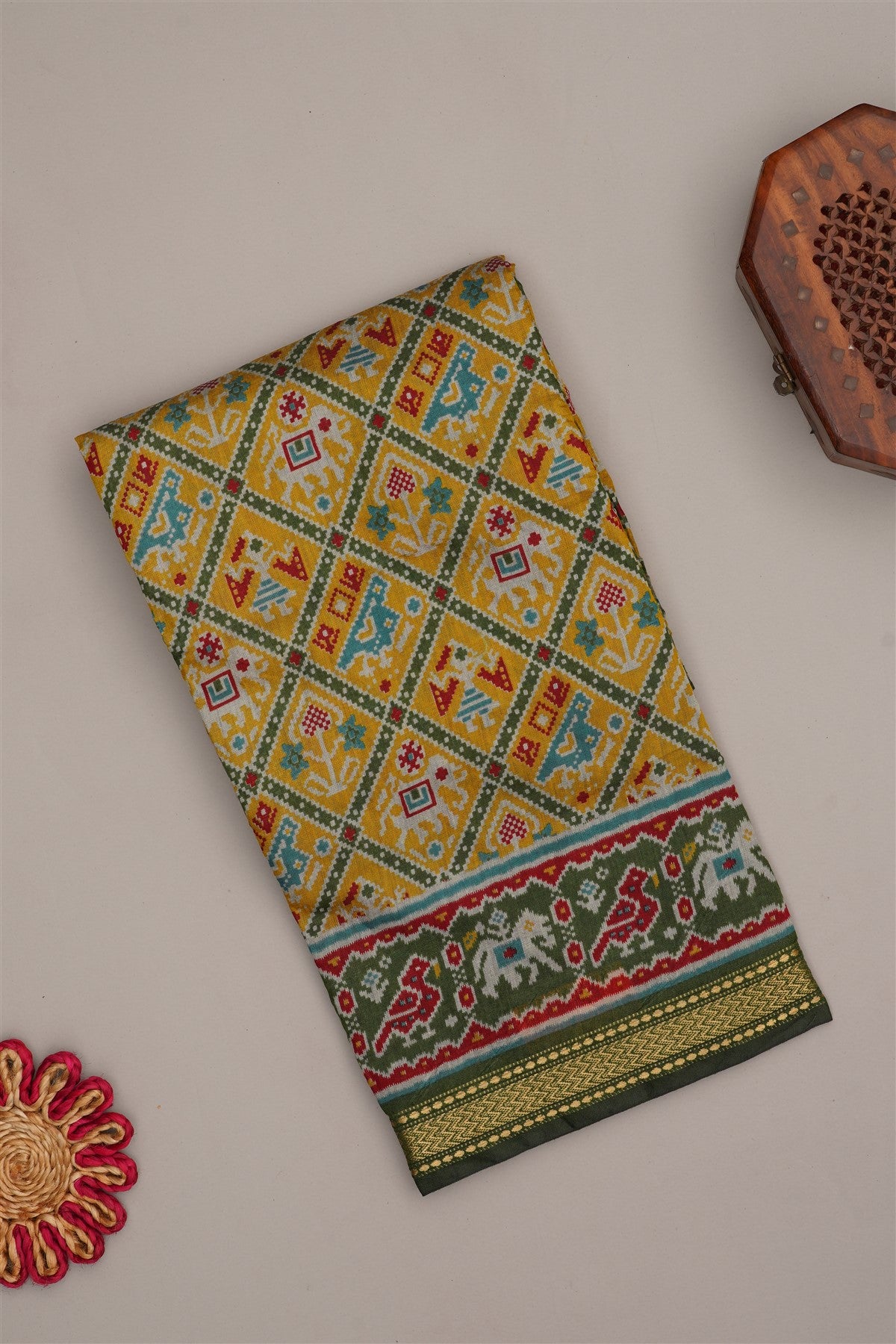 Ikat Silk Blend Lime Green Saree