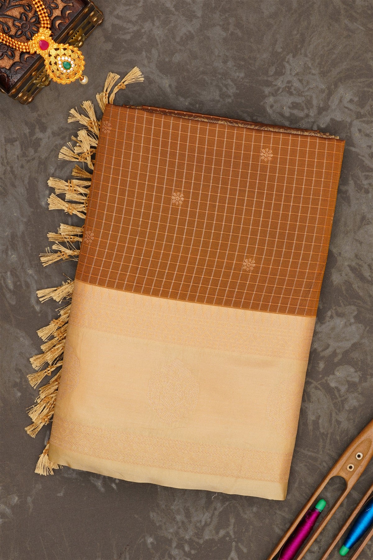 Banarasi Soft Silk Dark Khaki Saree