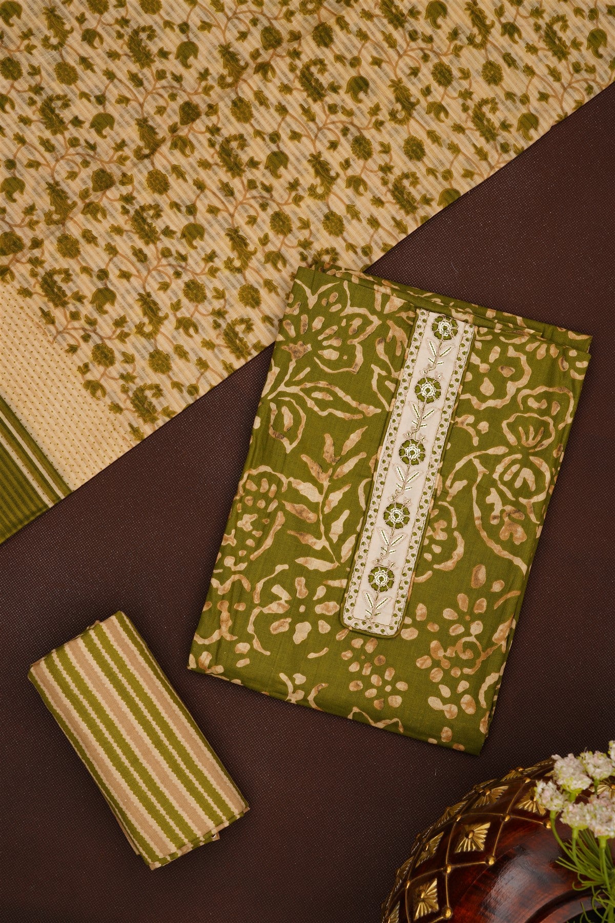 Printed Cotton Mehendi Green DressMaterial