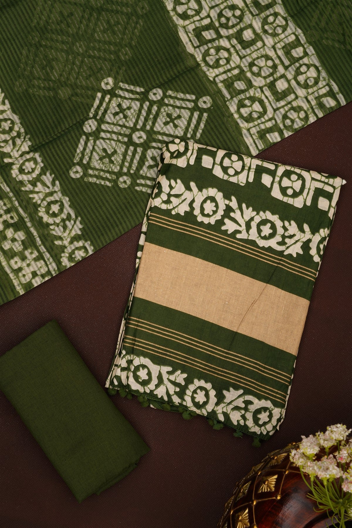Printed Cotton Mehendi Green DressMaterial