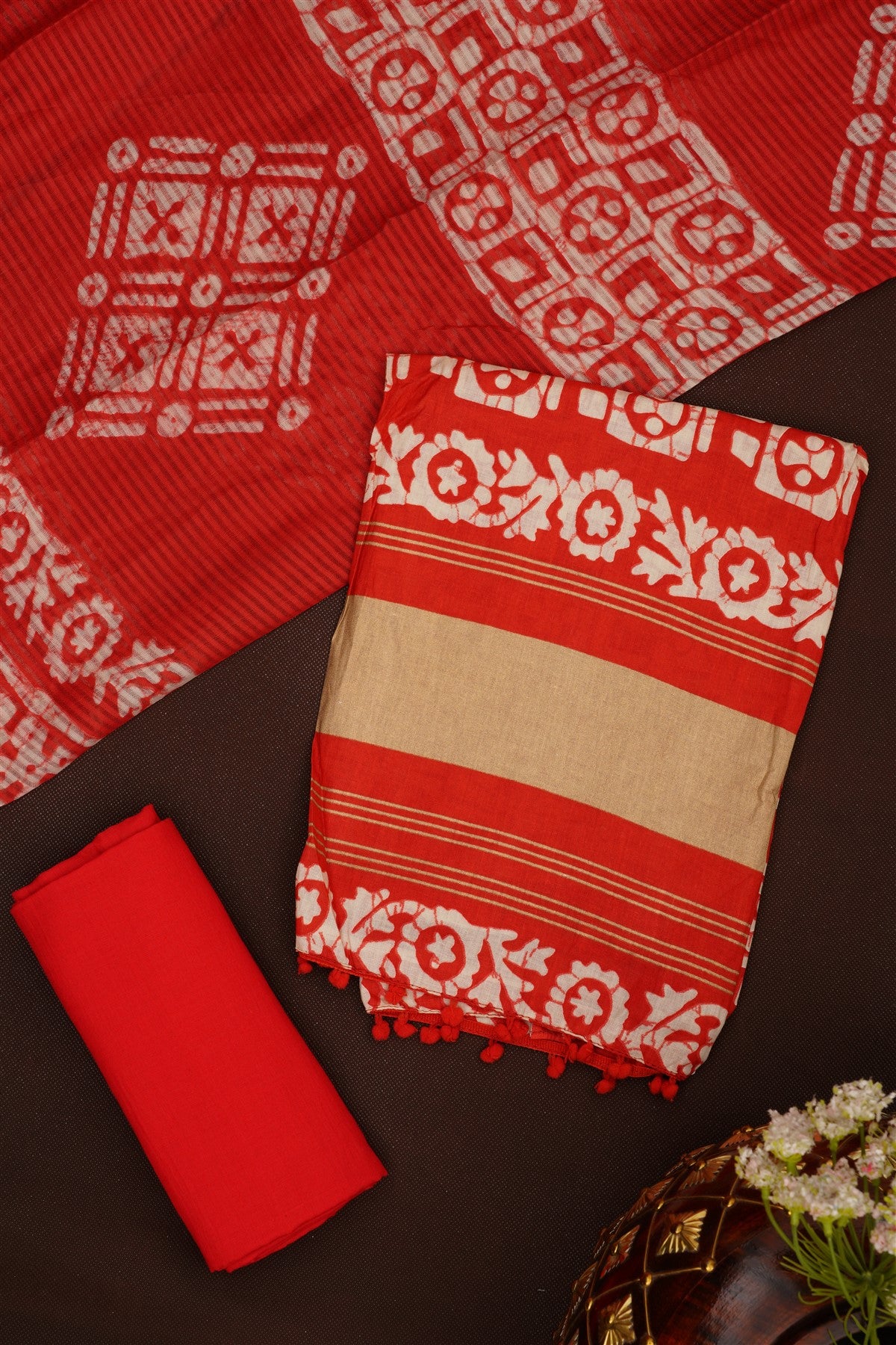 Printed Cotton Red Dress Material