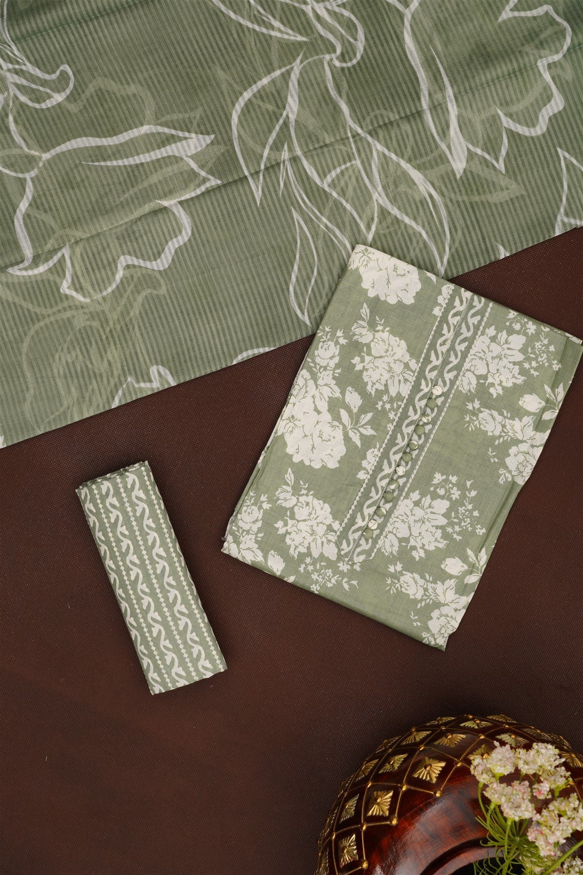 Printed Cotton Light Olive Green DressMaterial