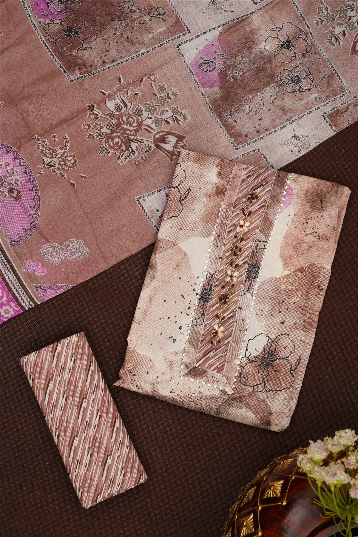 Printed Cotton Light Brown DressMaterial