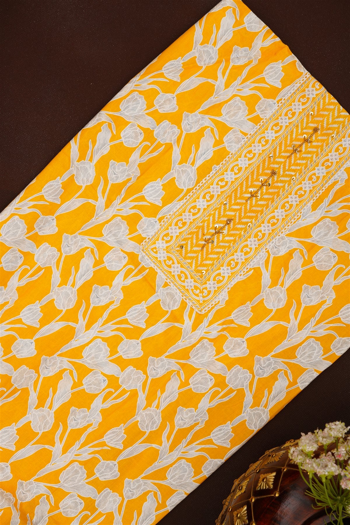 Printed Cotton Yellow DressMaterial