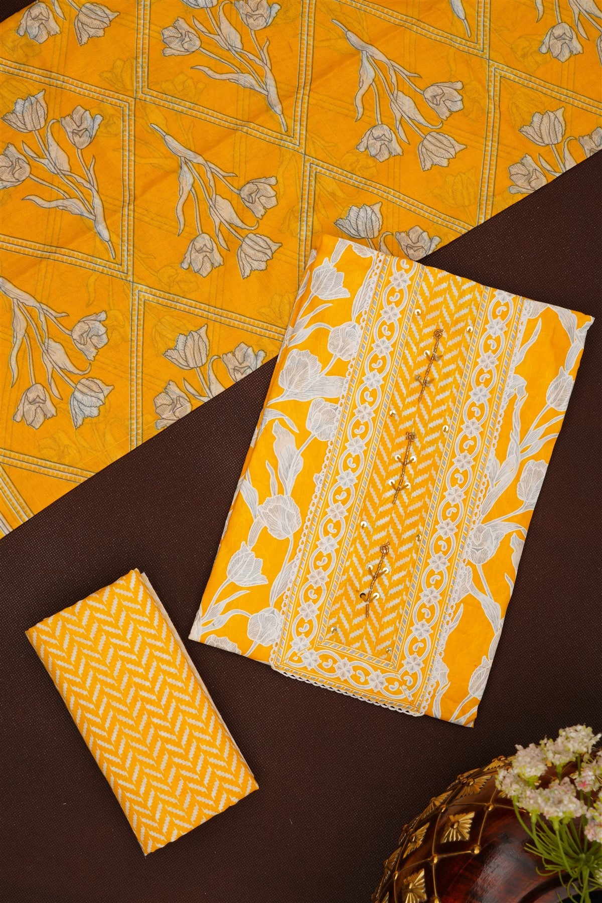 Printed Cotton Yellow DressMaterial