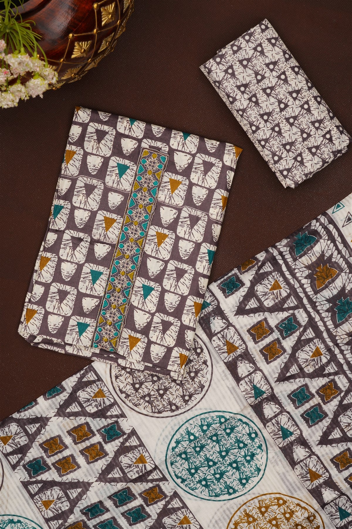 Printed Cotton Dark Grey DressMaterial