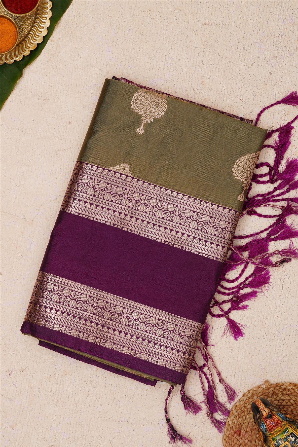 Fancy Vintage Soft Silk Light Olive Green Saree