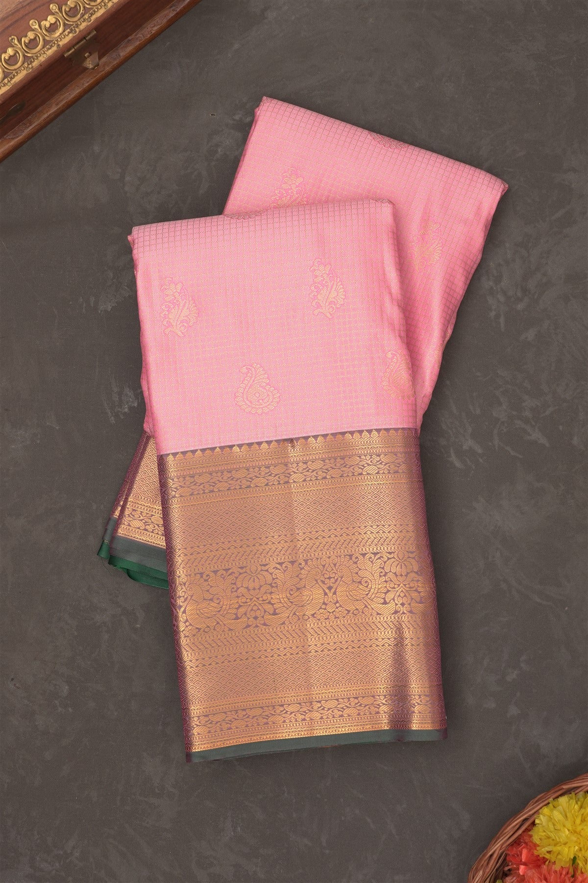 Semi Kanchipuram Silk Blend Baby Pink Saree