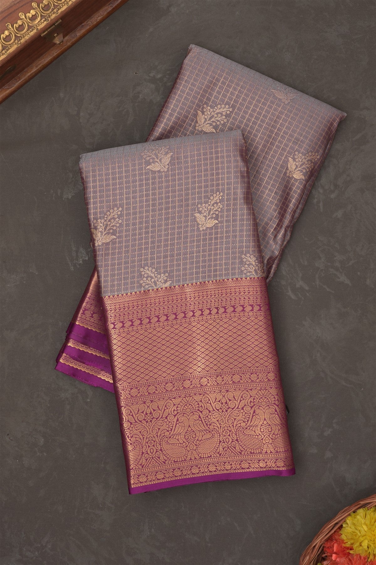 Semi Kanchipuram Silk Blend Grey Saree