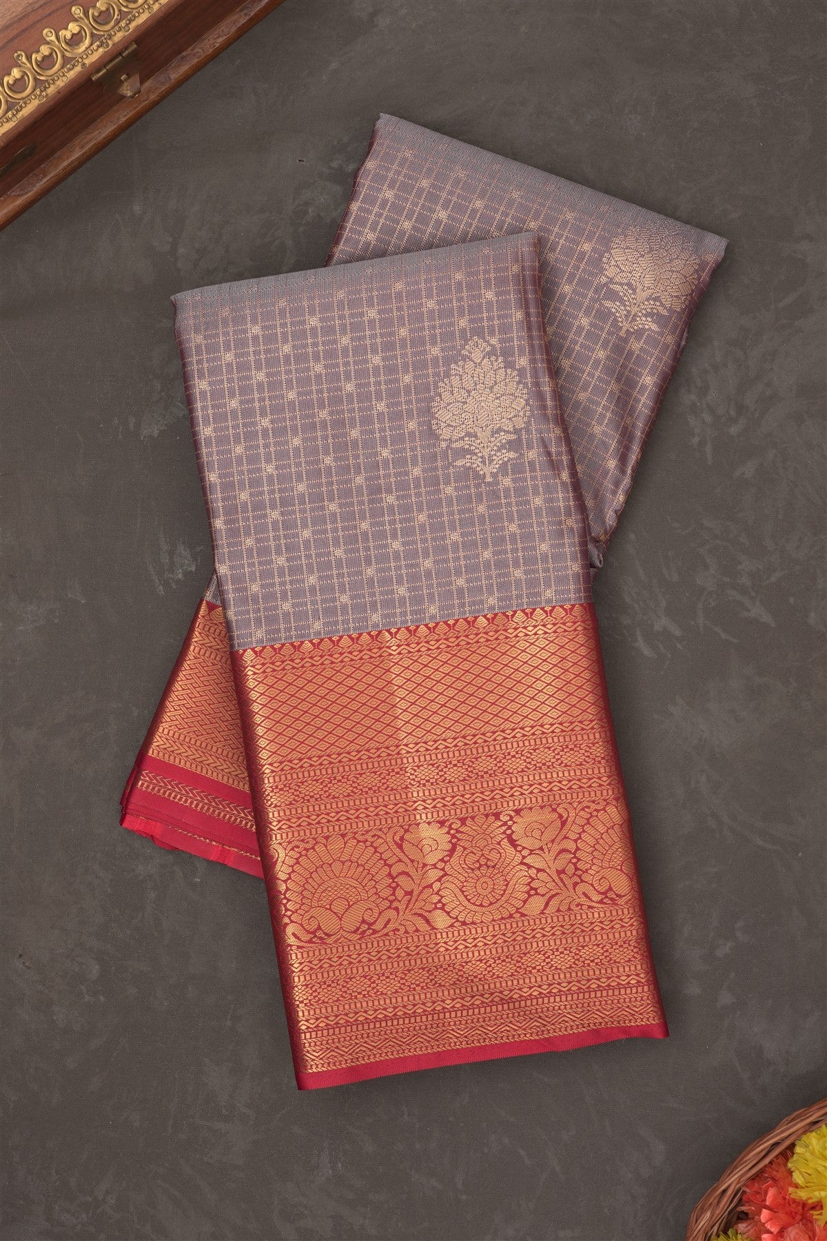 Semi Kanchipuram Silk Blend Grey Saree