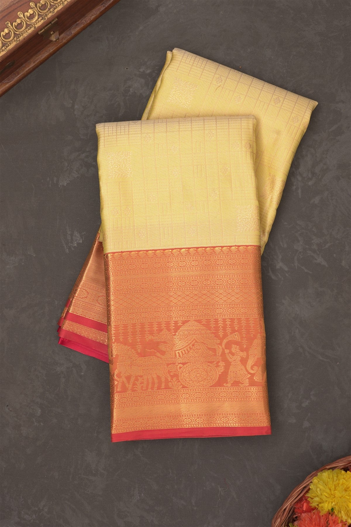 Semi Kanchipuram Silk Blend Lemon Yellow Saree