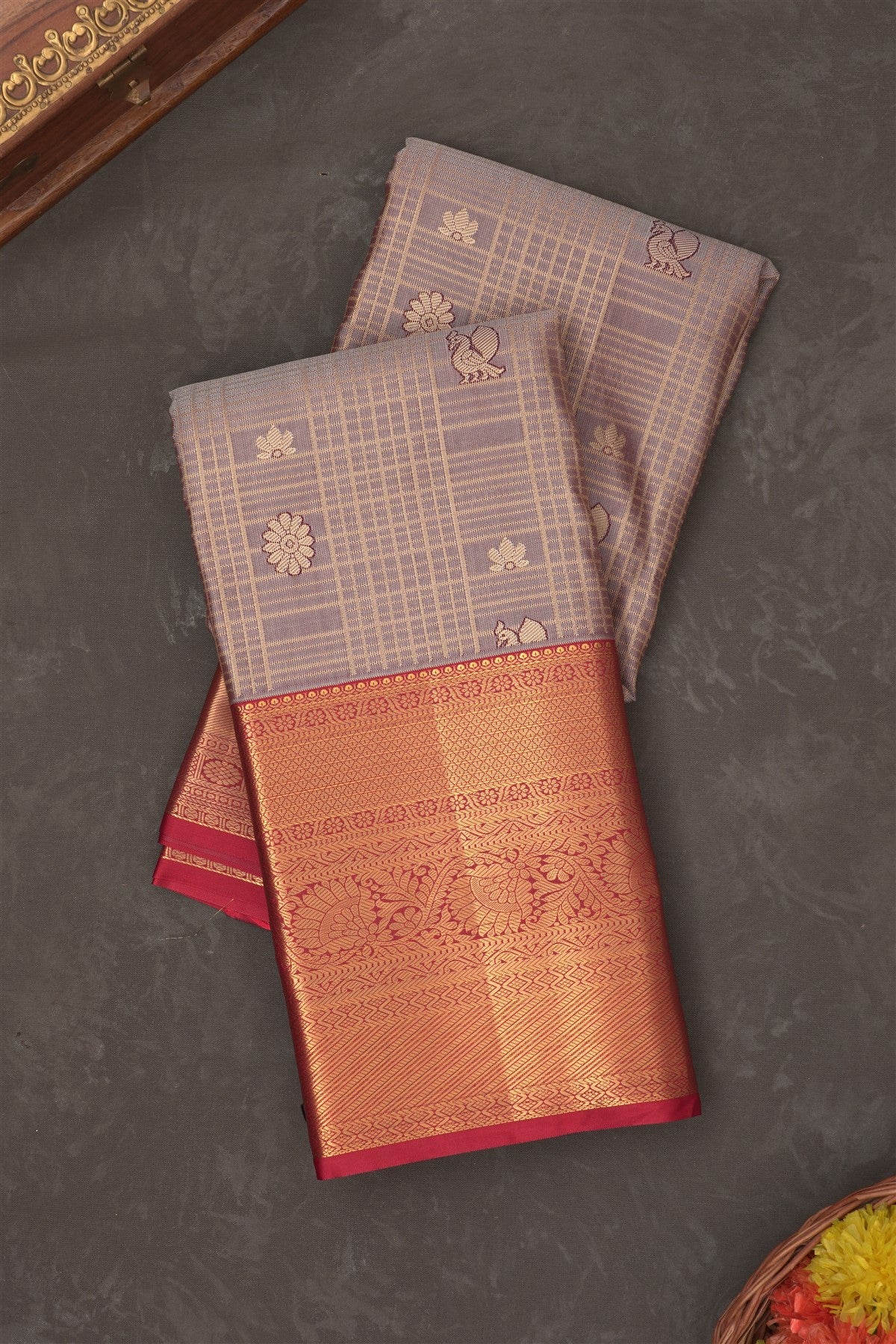 Semi Kanchipuram Silk Blend Grey Saree