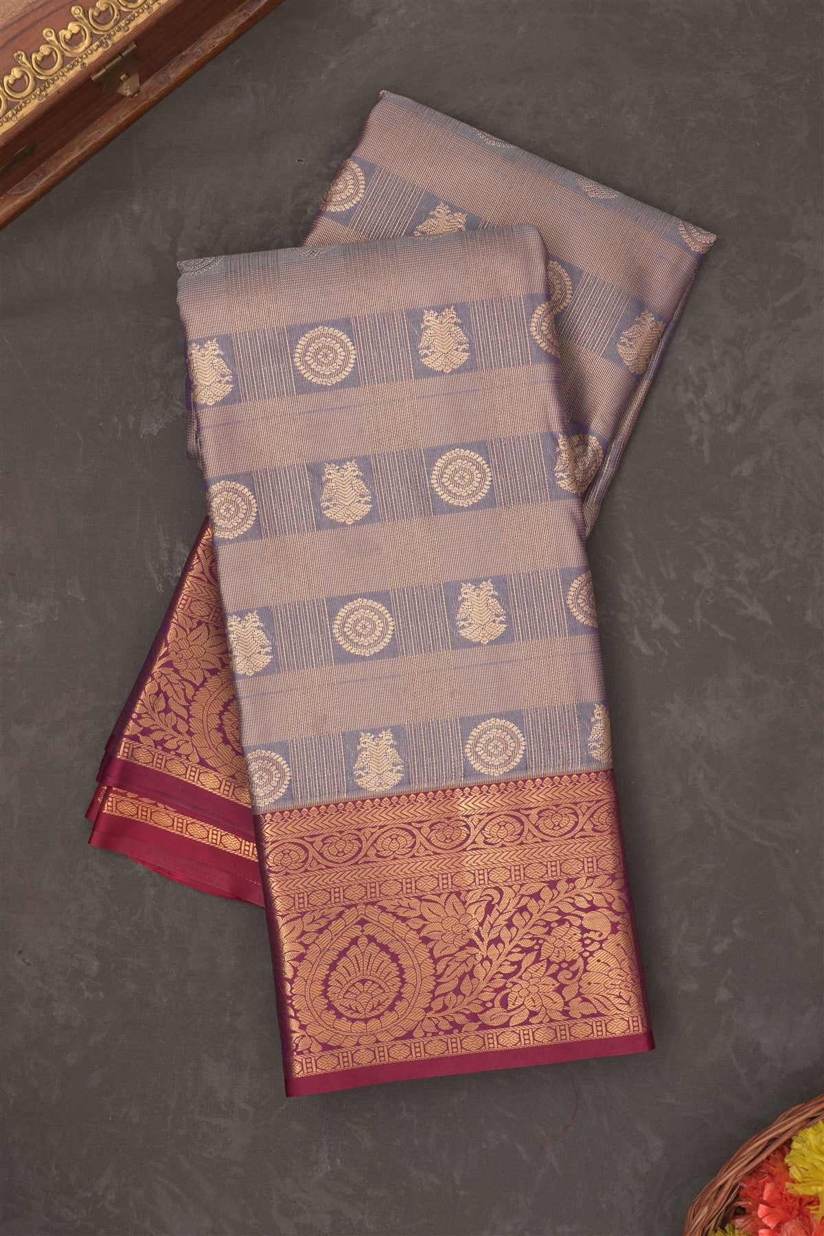 Semi Kanchipuram Silk Blend Light Blue Saree