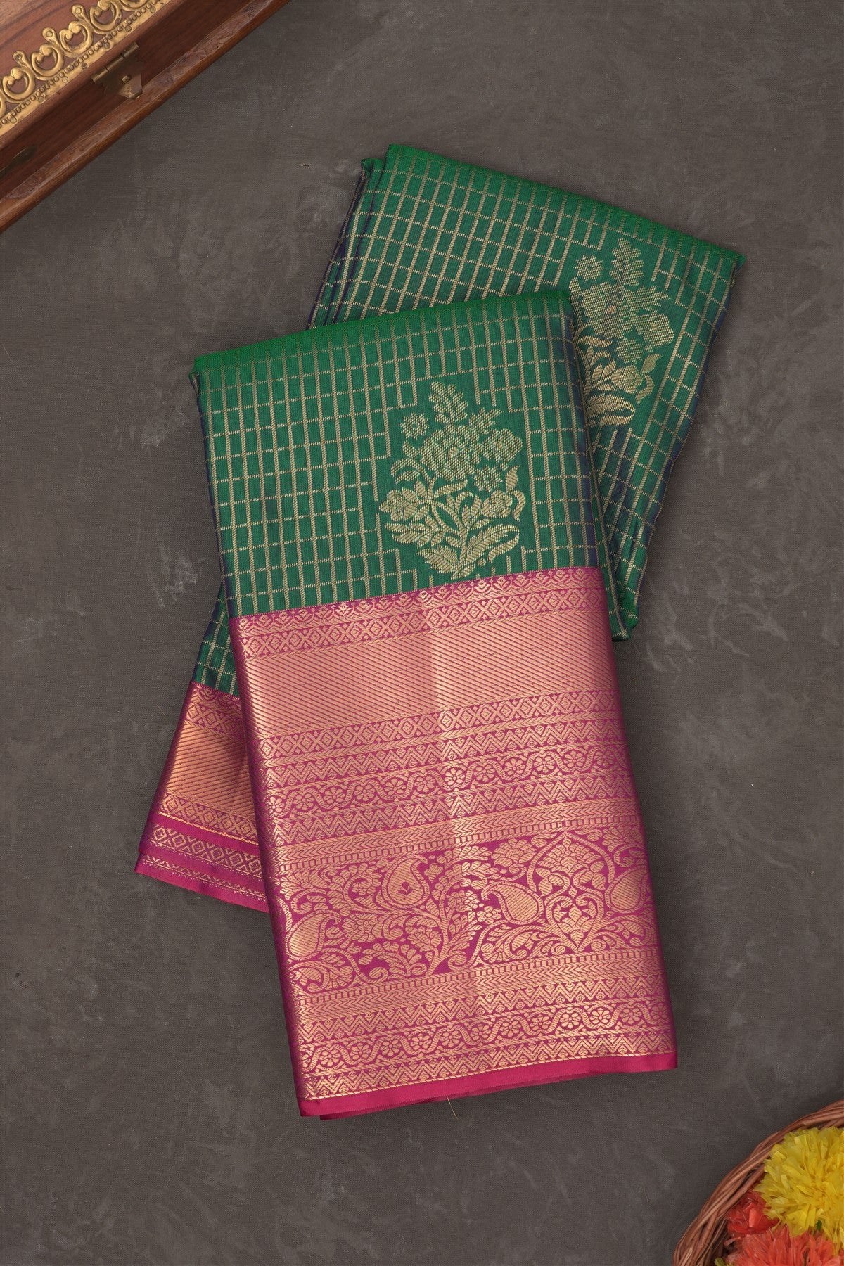 Semi Kanchipuram Silk Blend Rama Green Saree
