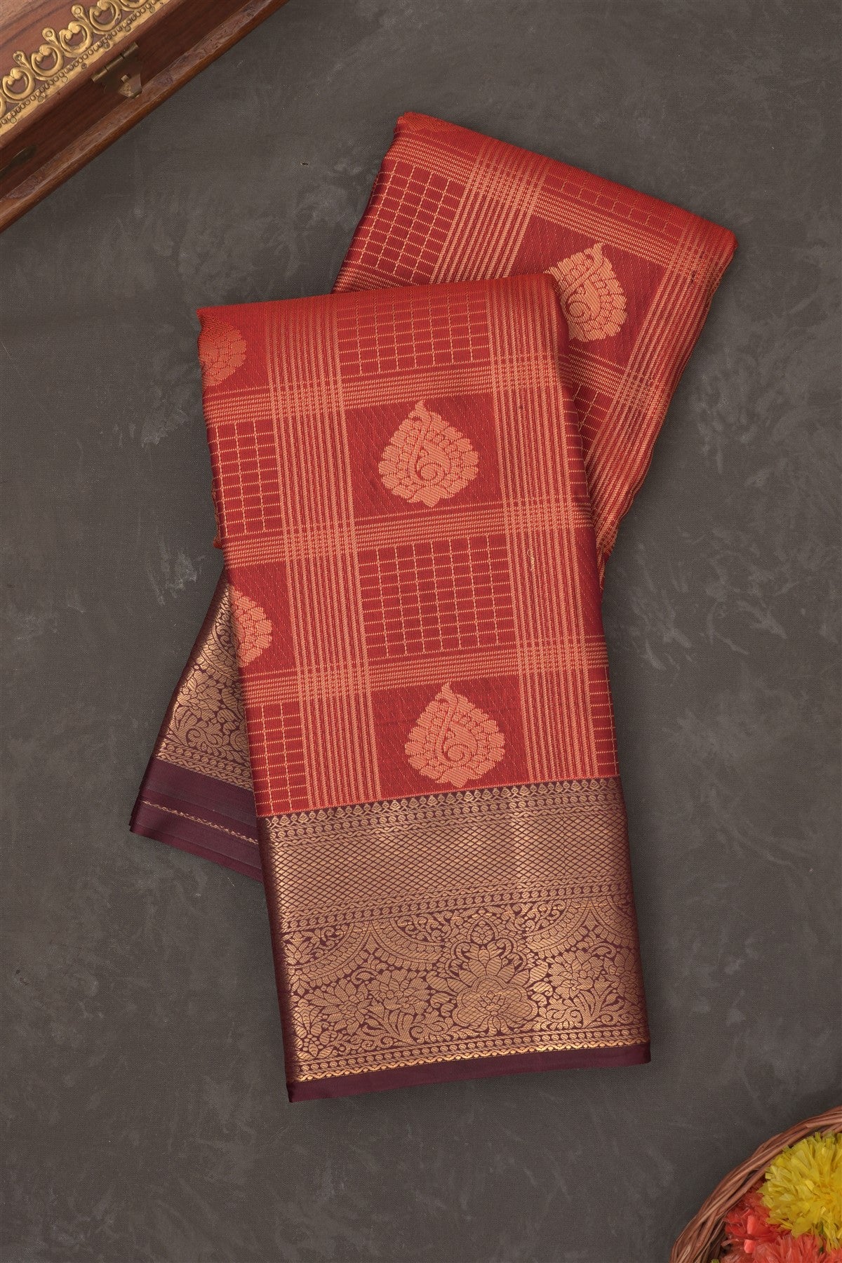 Semi Kanchipuram Silk Blend Rust Saree