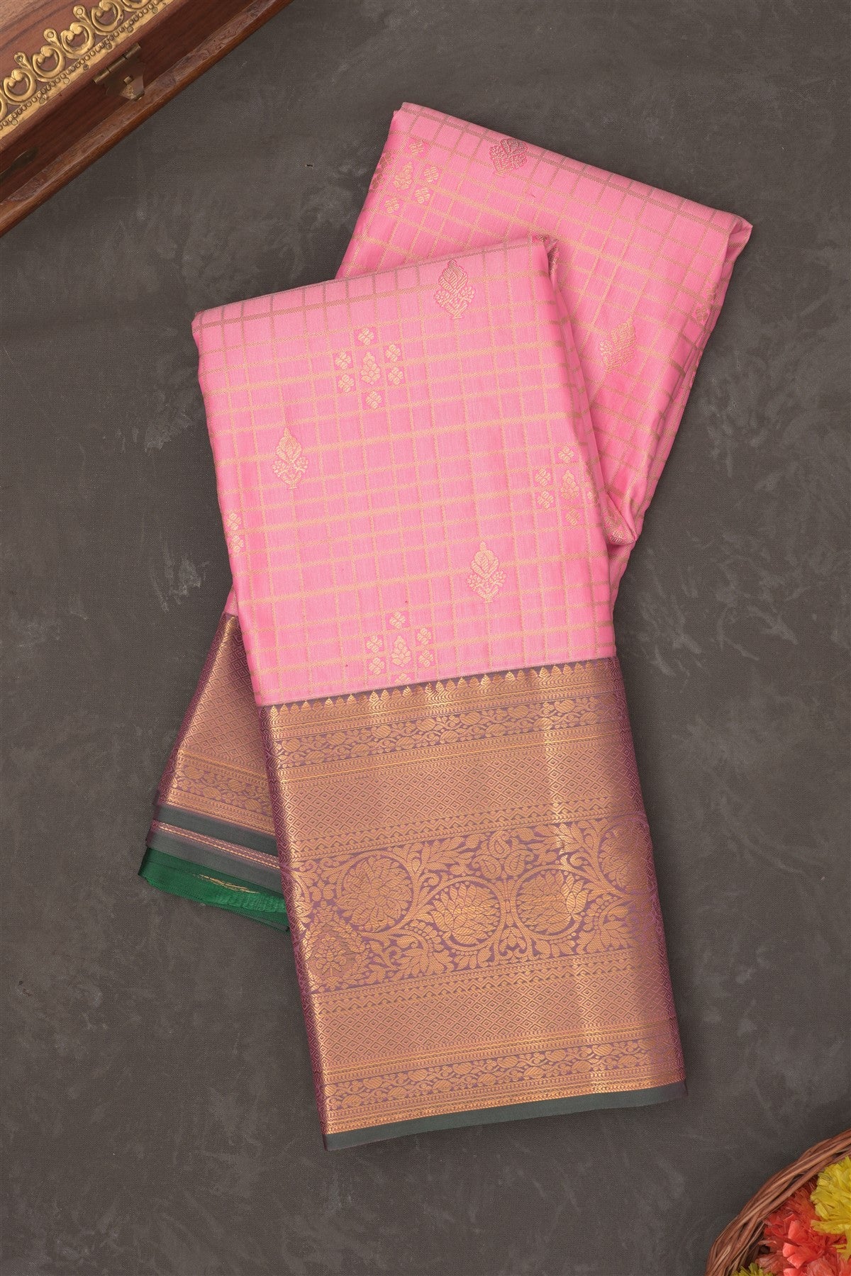 Semi Kanchipuram Silk Blend Baby Pink Saree