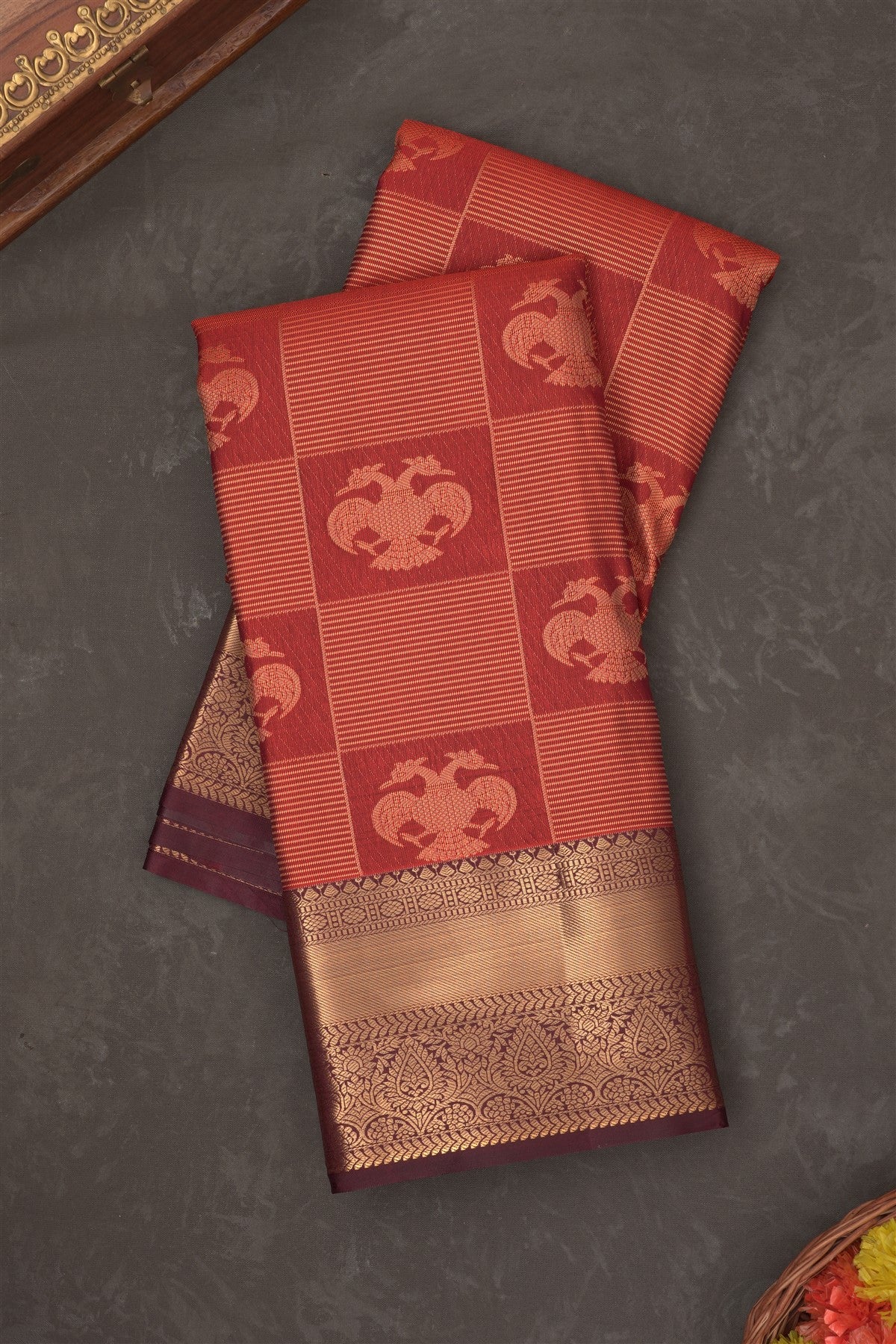 Semi Kanchipuram Silk Blend Rust Saree