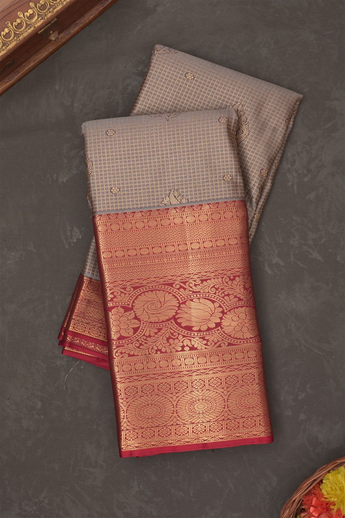Semi Kanchipuram Silk Blend Grey Saree