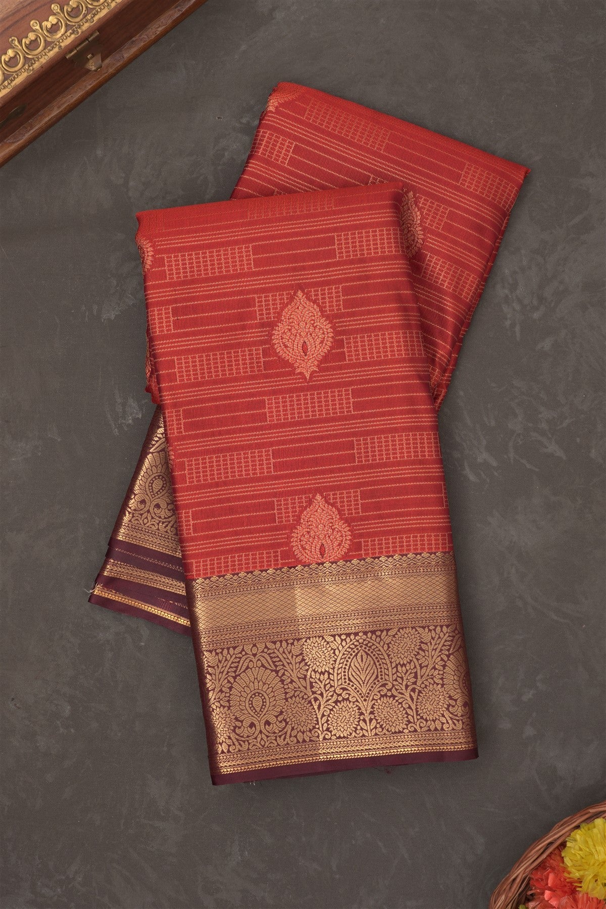 Semi Kanchipuram Silk Blend Rust Saree