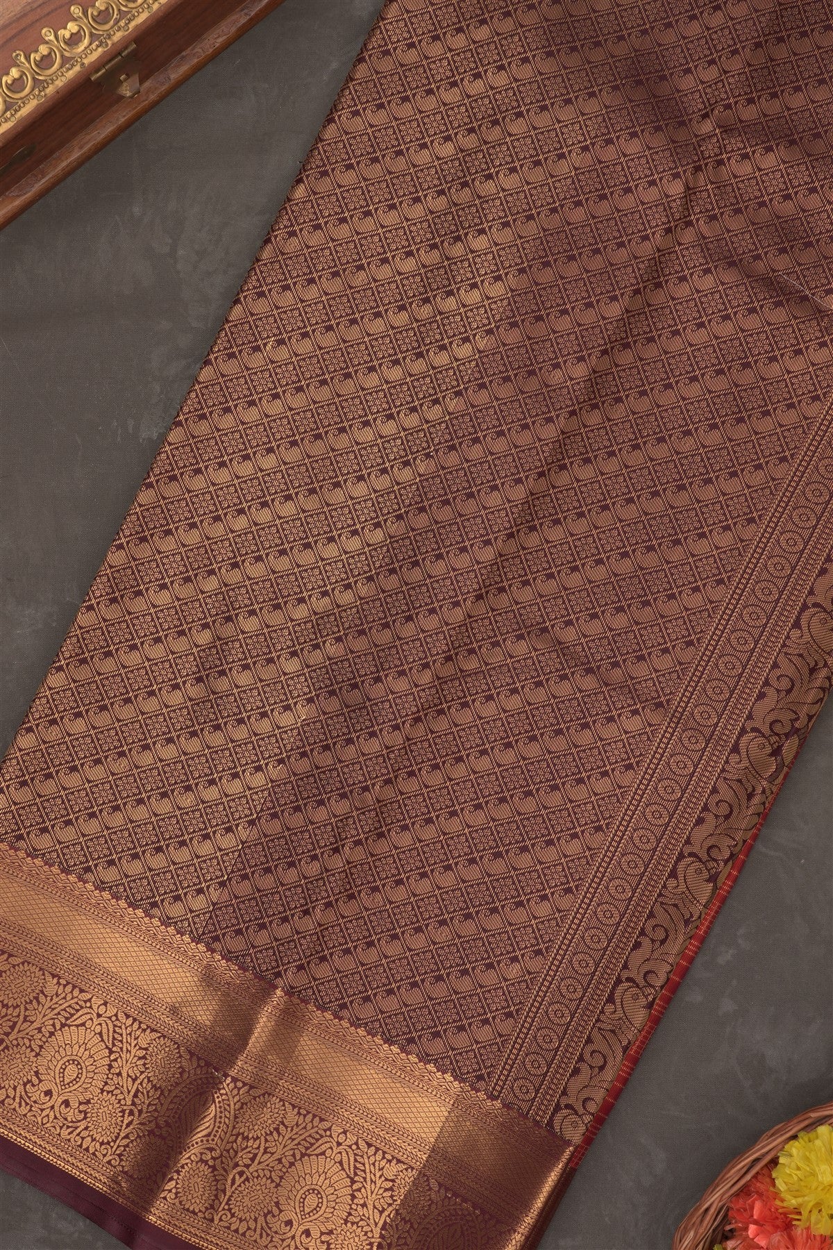 Semi Kanchipuram Silk Blend Rust Saree
