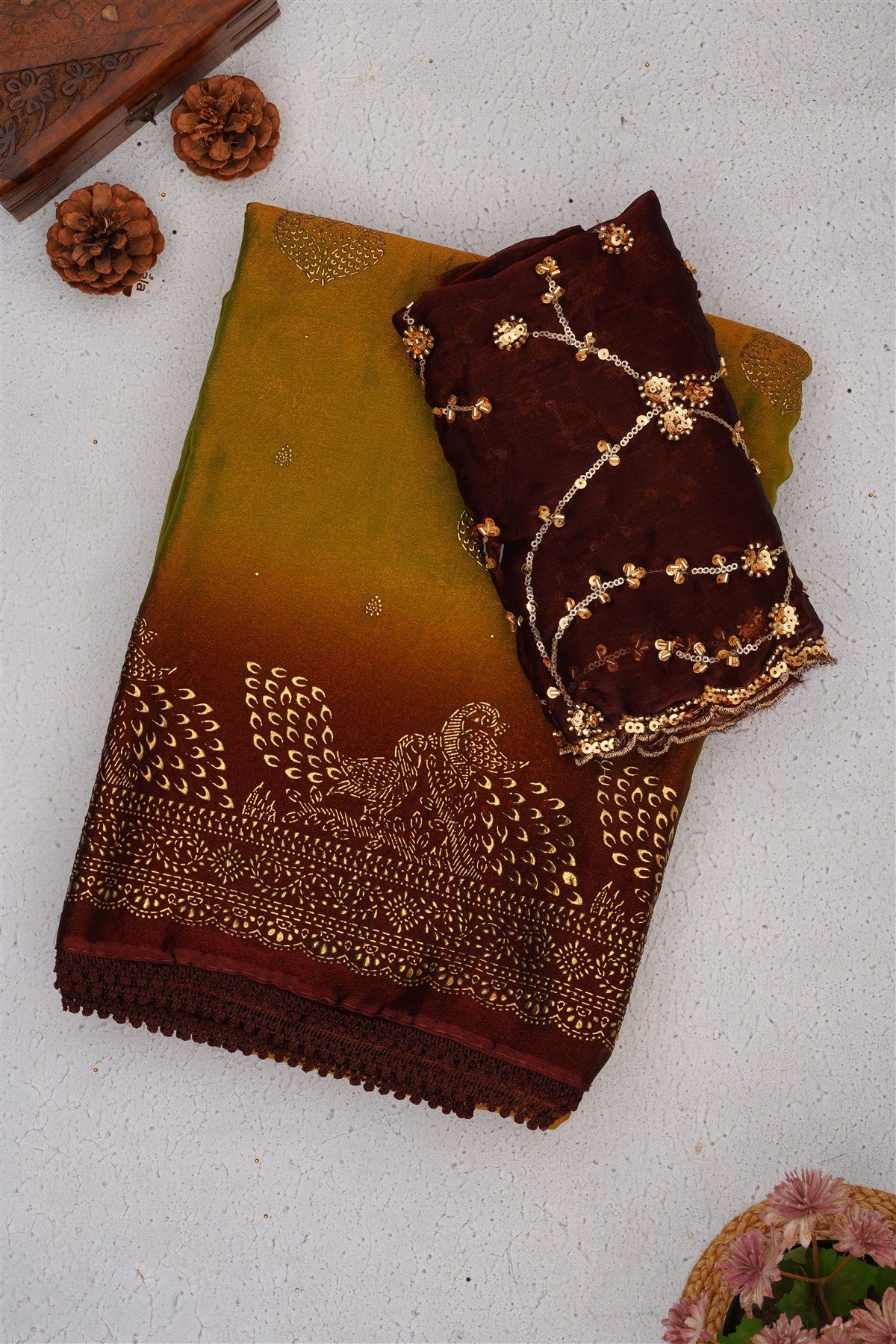 Fancy Shimmer Chiffon Light Olive Green Saree