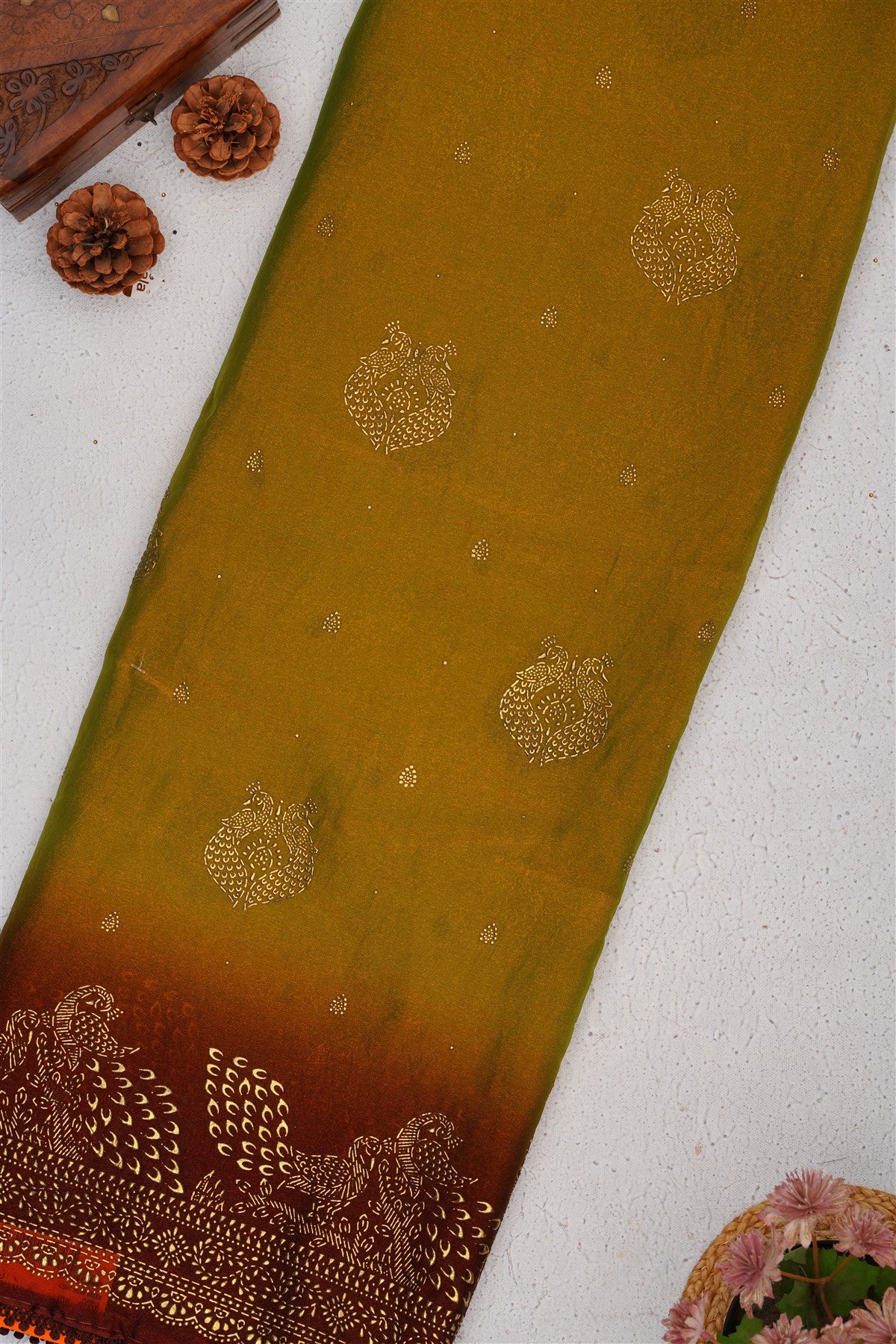 Fancy Shimmer Chiffon Light Olive Green Saree