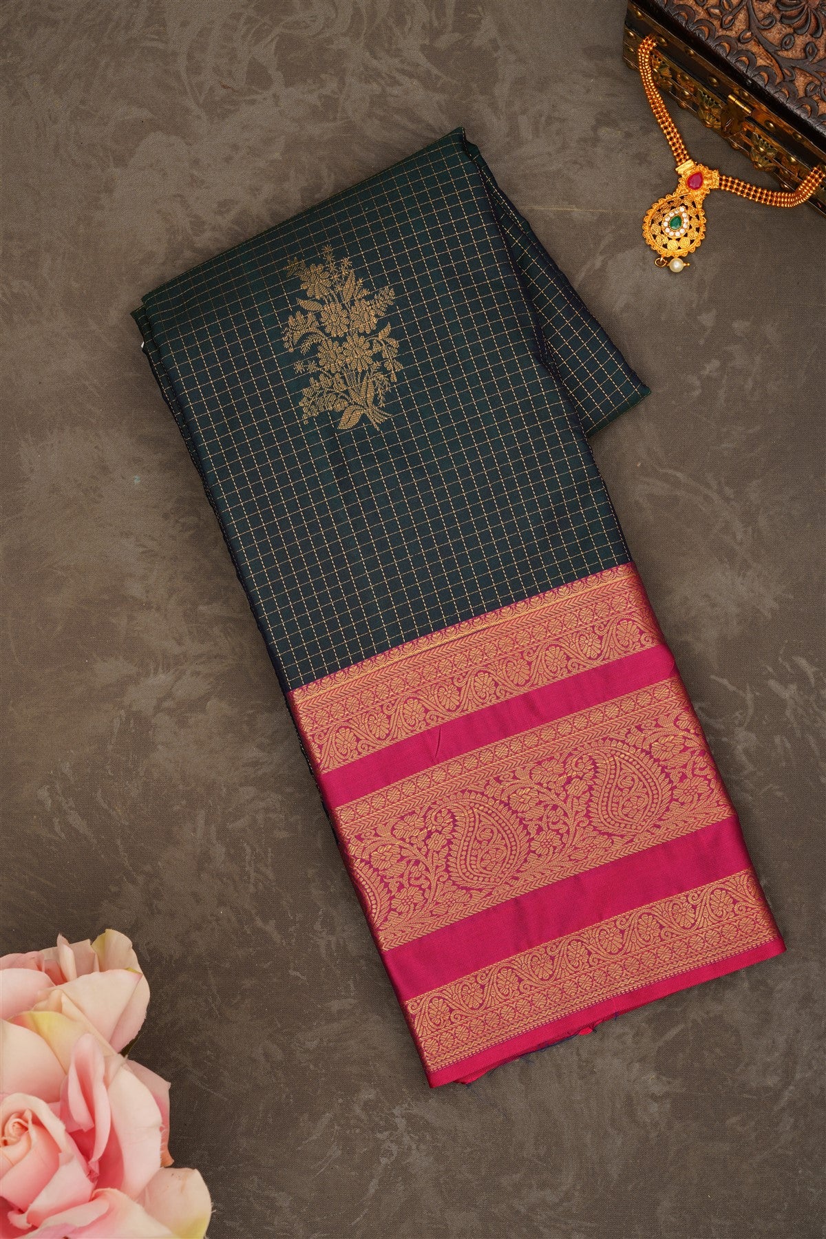 Semi Pattu Silk Blend Dark Green Saree