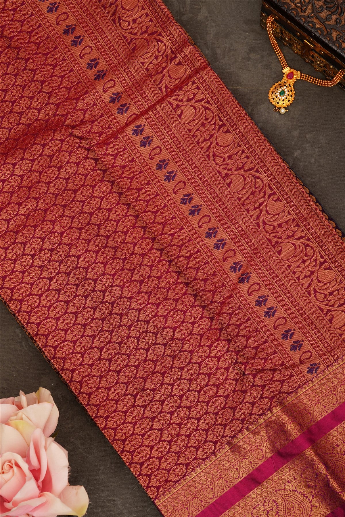Semi Pattu Silk Blend Dark Green Saree