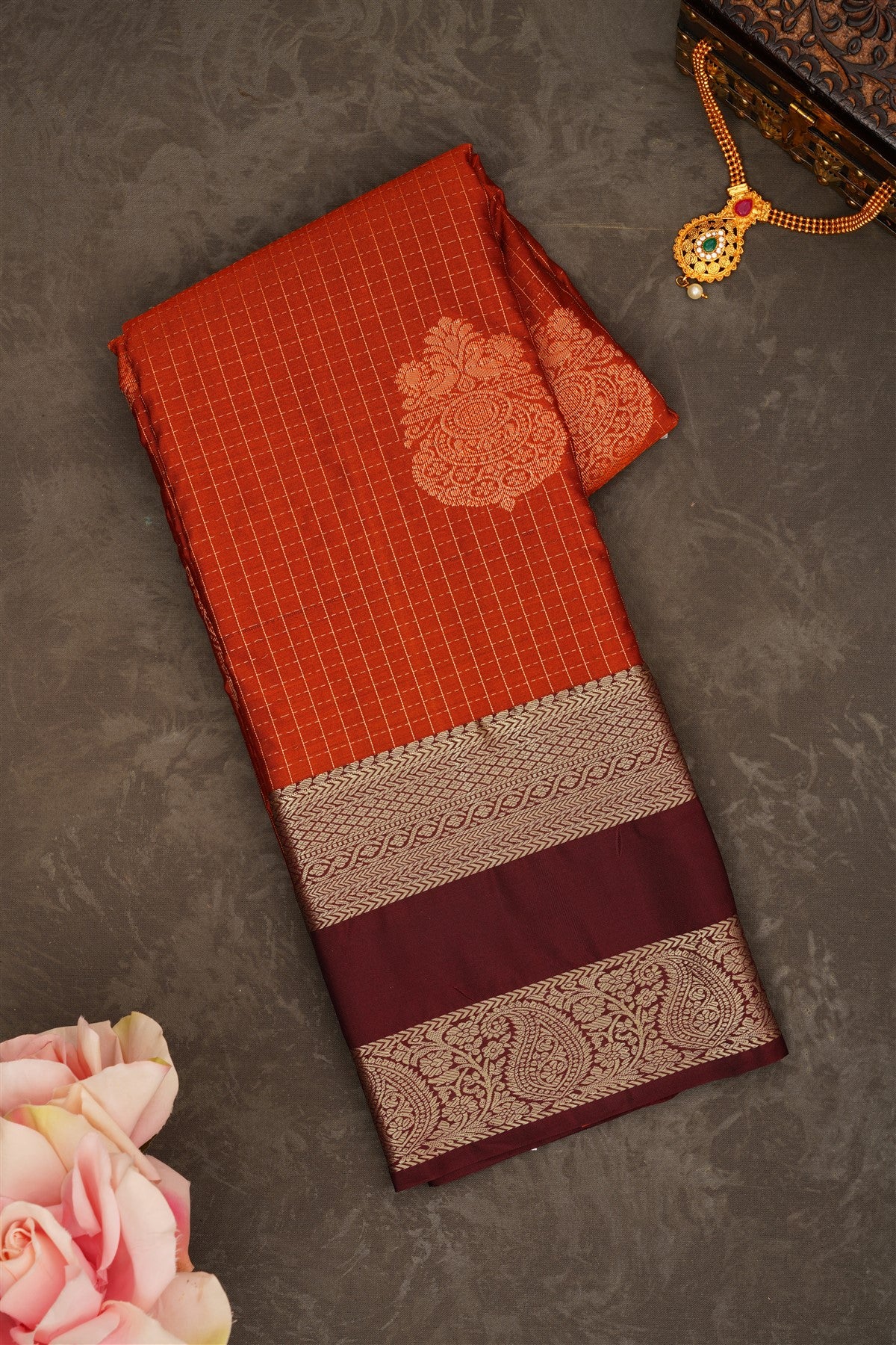 Semi Pattu Silk Blend Rust Saree