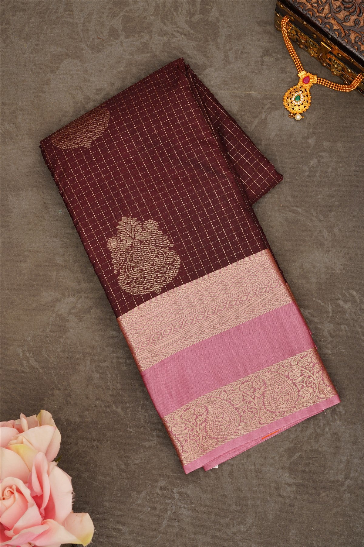 Semi Pattu Silk Blend Brown Saree